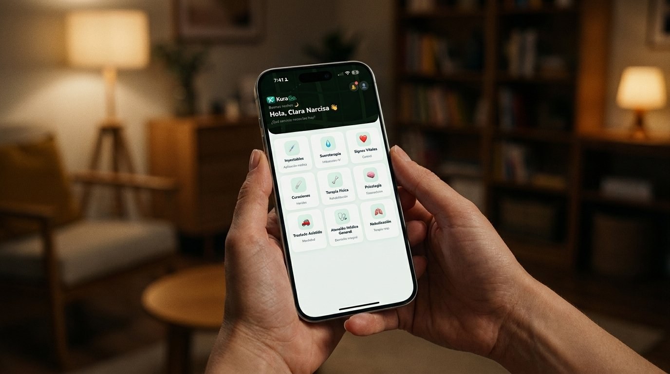 Paciente solicitando atención médica a domicilio desde la app KuraGo